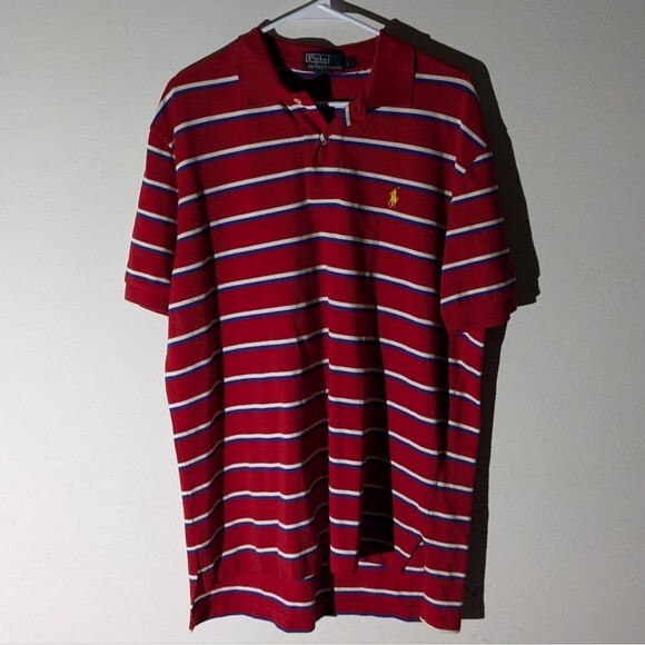Polo Ralph Lauren Red Striped Yellow Pony Logo Polo Shirt Men's Size Large - Picture 1 of 6